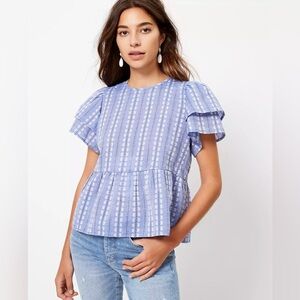 LOFT Blue & White Short Sleeve Peplum Blouse - Size L